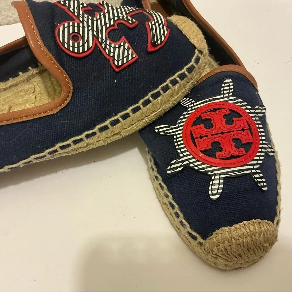 Tory Burch Nautical Navy Blue Canvas & Leather Espadrilles size 10